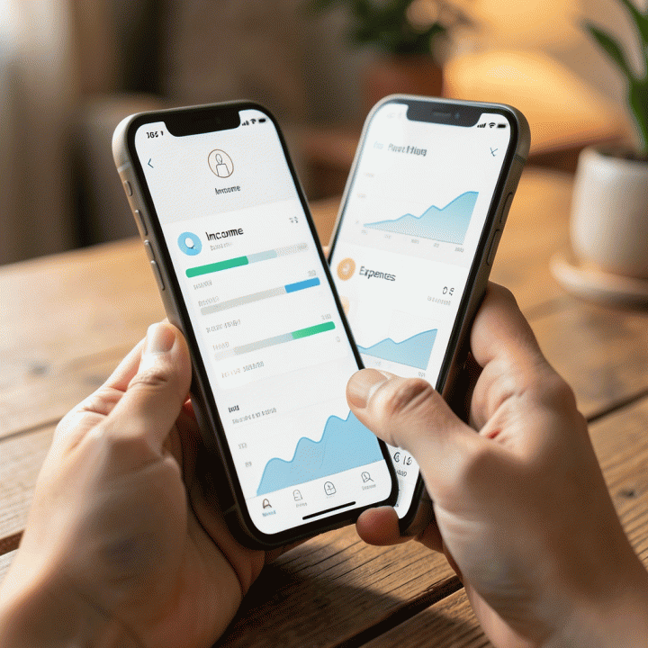 Tangan seseorang yang sedang memeriksa aplikasi perencanaan keuangan di smartphone, menunjukkan visualisasi anggaran yang terstruktur dan mudah dipahami.