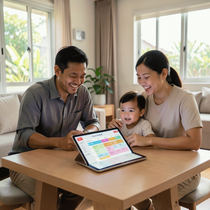 Keluarga Indonesia bahagia berkumpul di ruang tamu modern, melihat rencana anggaran keluarga yang terorganisir di tablet, melambangkan keuangan yang terkontrol.