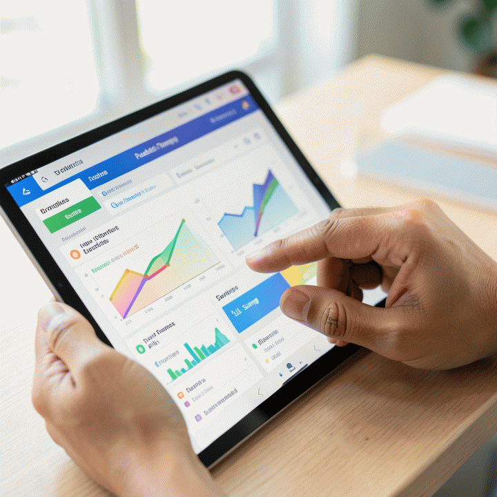 Tangan yang sedang meninjau dasbor digital pelacak anggaran keluarga yang berwarna-warni dan terstruktur di tablet.