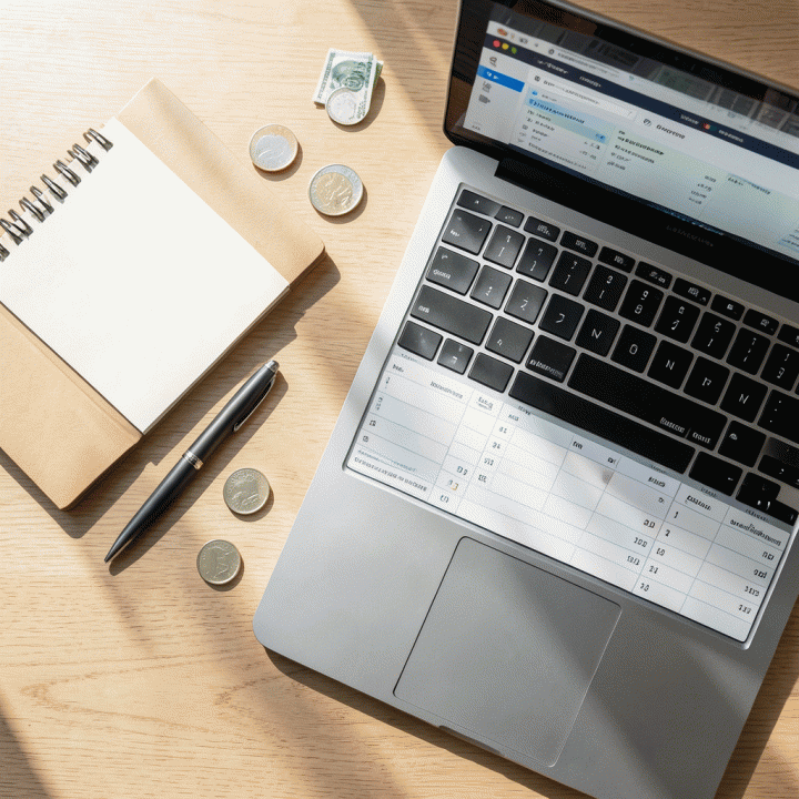 Tata letak meja kerja yang tertata rapi menampilkan alat perencanaan keuangan, termasuk laptop dengan spreadsheet anggaran yang rapi.