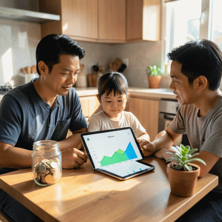 Keluarga modern Indonesia yang harmonis berkumpul di meja kayu, meninjau perencanaan keuangan keluarga yang terorganisir pada tablet, menciptakan suasana ketenangan finansial.