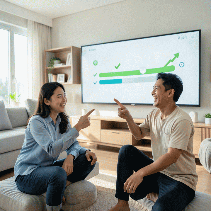 Pasangan muda Indonesia tersenyum lega melihat dashboard keuangan digital yang menunjukkan peningkatan tabungan dan kendali anggaran di rumah mereka.