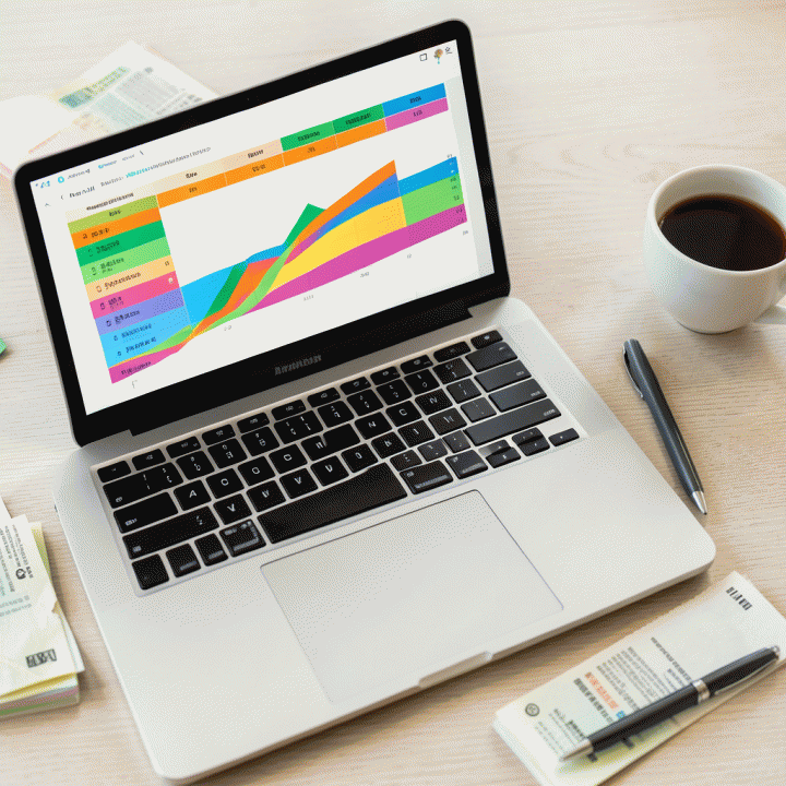 Tampilan datar (flat lay) meja kerja yang rapi, memperlihatkan laptop dengan visualisasi anggaran keuangan yang terstruktur dan alat-alat perencanaan keuangan lainnya.