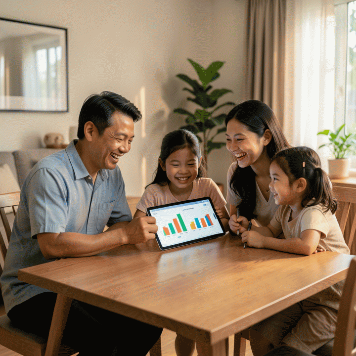Sebuah keluarga Indonesia yang bahagia saat berdiskusi tentang rencana keuangan di meja makan dengan perangkat digital yang menampilkan grafik warna-warni.