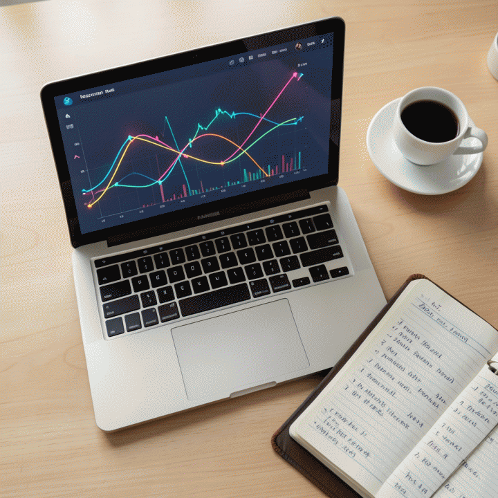 Meja kerja yang rapi dengan laptop dan buku catatan, menunjukkan visualisasi kontrol keuangan dan manajemen utang yang terorganisir.