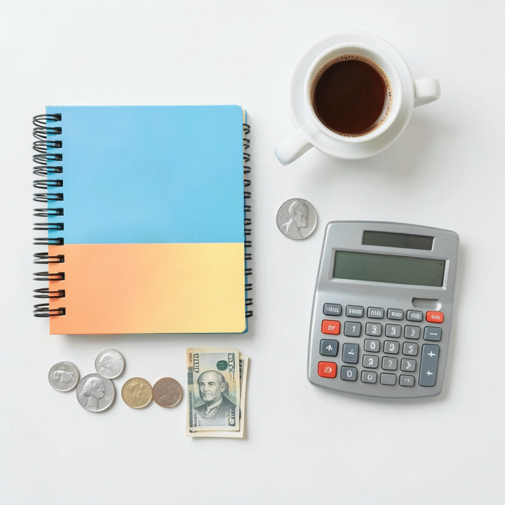 Pandangan atas (flat lay) berbagai alat perencanaan keuangan yang tertata rapi, seperti buku catatan dan uang, melambangkan pengelolaan anggaran yang terstruktur.
