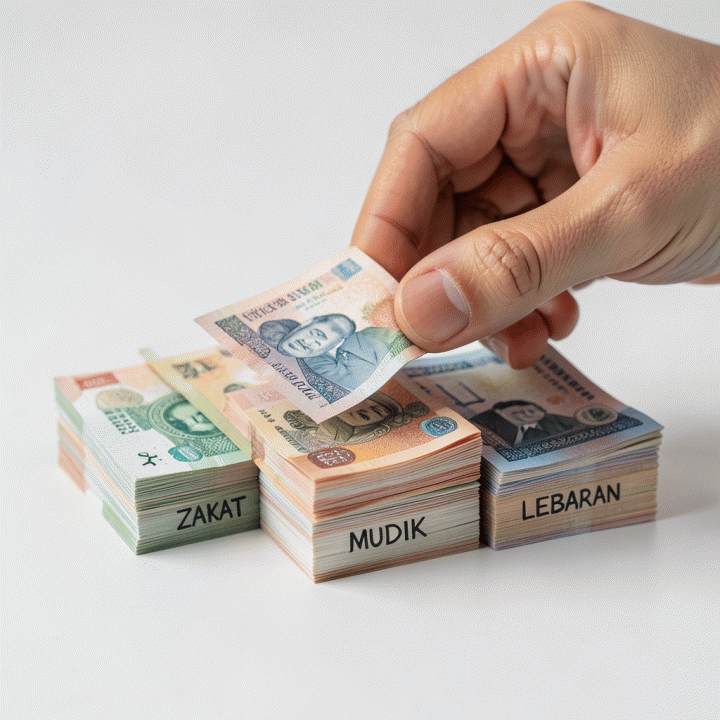 Tangan sedang membagi uang THR menjadi tiga alokasi dana: Zakat, Mudik, dan Lebaran.