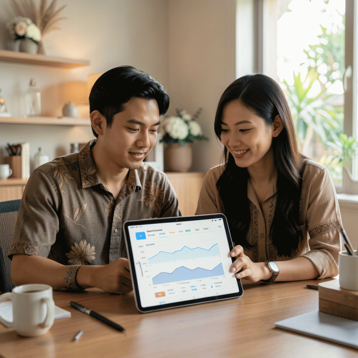 Pasangan pengantin muda Indonesia tampak tenang dan terorganisir saat meninjau data anggaran dan daftar tamu di tablet modern, melambangkan perencanaan pernikahan yang bebas stres.