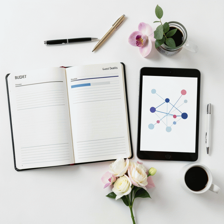 Komposisi flat lay yang menampilkan alat perencanaan pernikahan yang rapi: buku agenda, tablet dengan diagram abstrak, dan dekorasi bunga tropis, menunjukkan manajemen persiapan yang terpusat.