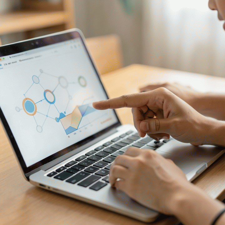 Dua tangan pasangan muda yang bekerja sama menunjuk pada diagram alir dan jadwal yang terorganisir di layar laptop, menunjukkan koordinasi persiapan pernikahan yang mulus.