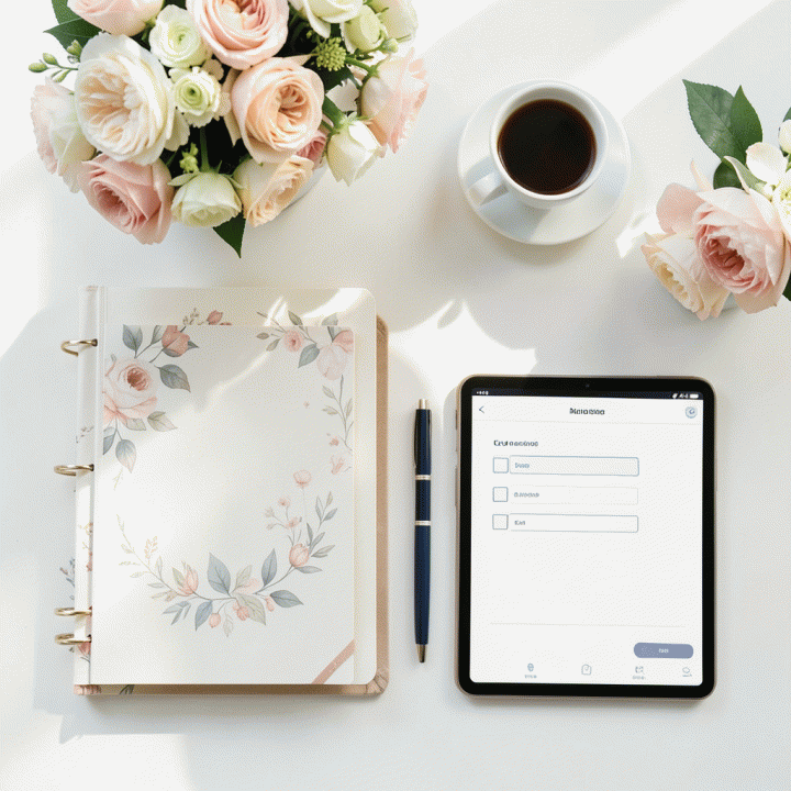 Tampilan atas meja kerja yang rapi berisi buku perencanaan, tablet dengan checklist, dan aksesoris dekorasi, menunjukkan kesiapan dan kontrol perencanaan pernikahan.