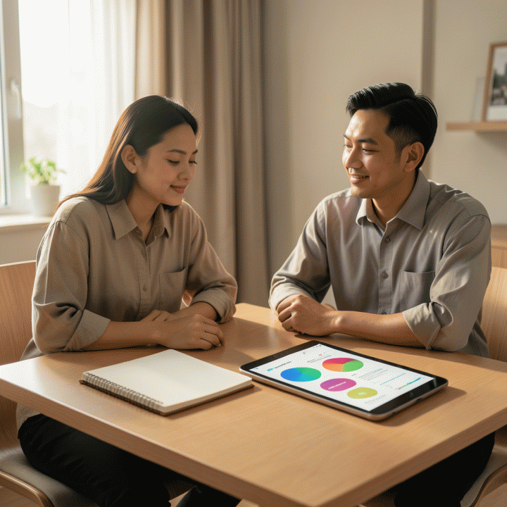 Pasangan pengantin muda Indonesia yang tampak tenang sedang merencanakan pernikahan di meja yang terorganisasi, dengan tablet dan buku catatan yang menampilkan grafik perencanaan acara.