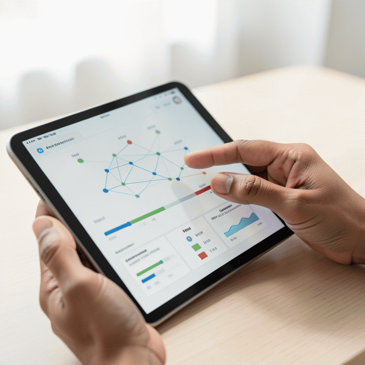 Tangan yang sedang berinteraksi dengan tablet yang menampilkan visualisasi data keuangan dan data tamu yang terorganisir.