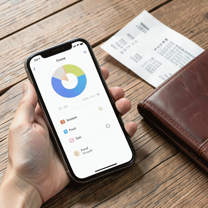 Smartphone menampilkan antarmuka pelacakan pengeluaran abstrak di samping dompet dan struk belanja.