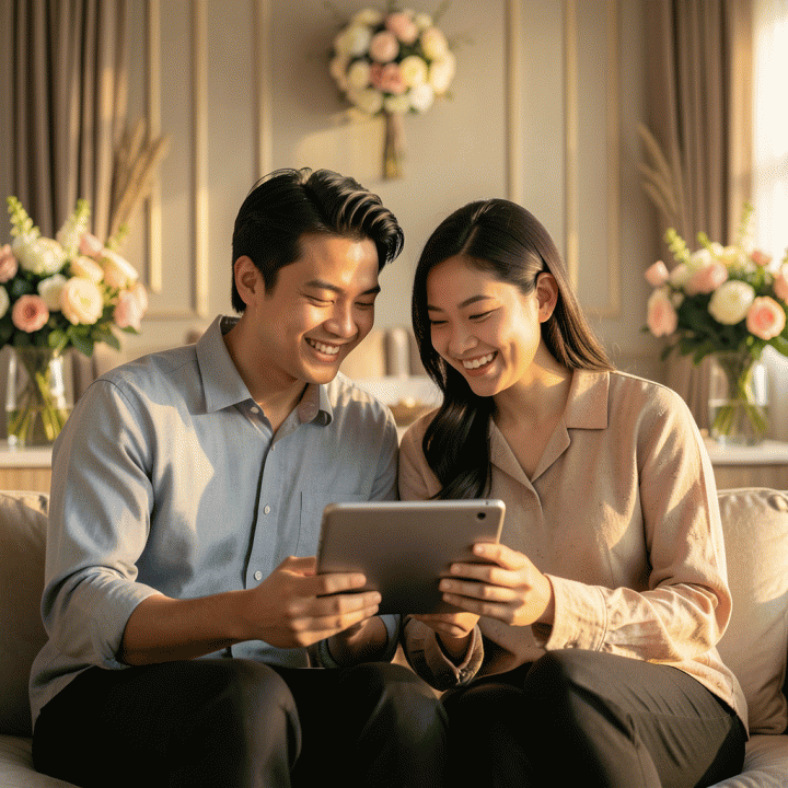 Pasangan pengantin Indonesia yang bahagia dan terorganisir sedang meninjau rencana pernikahan mereka di tablet, melambangkan perencanaan anggaran yang terkontrol dan impian yang terwujud.