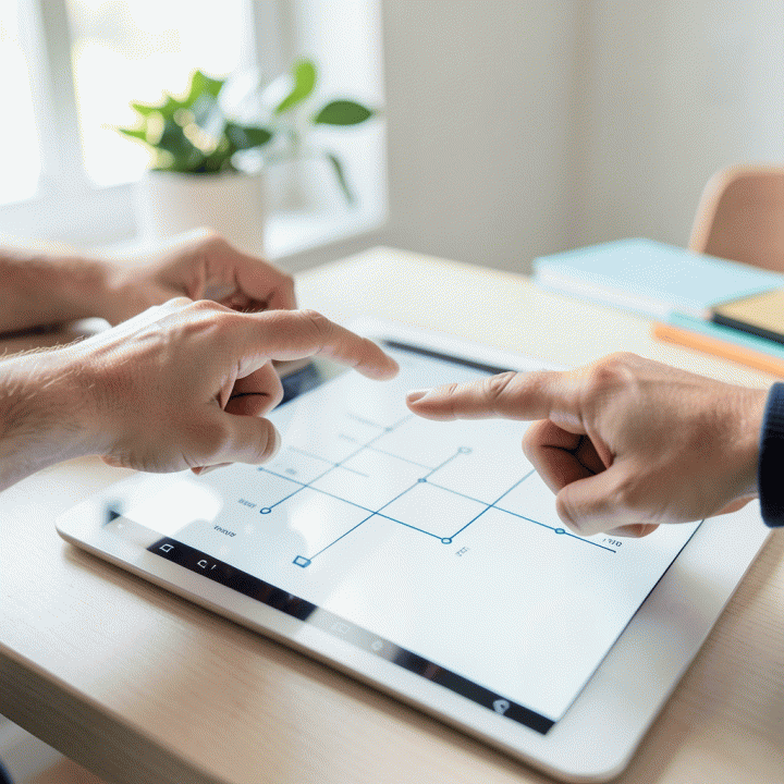 Fokus pada tangan pasangan yang bekerja sama menunjuk ke jadwal atau checklist perencanaan pernikahan digital, melambangkan koordinasi waktu dan persiapan yang efisien.