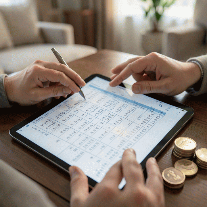 Tangan yang sedang memeriksa spreadsheet anggaran keuangan pernikahan di tablet, menunjukkan pengelolaan dana yang terstruktur.