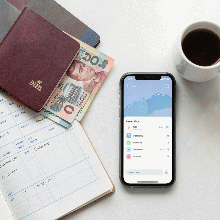 Tampilan datar (flat lay) perlengkapan perjalanan yang terorganisir, termasuk uang, paspor, dan smartphone yang menampilkan dashboard anggaran.