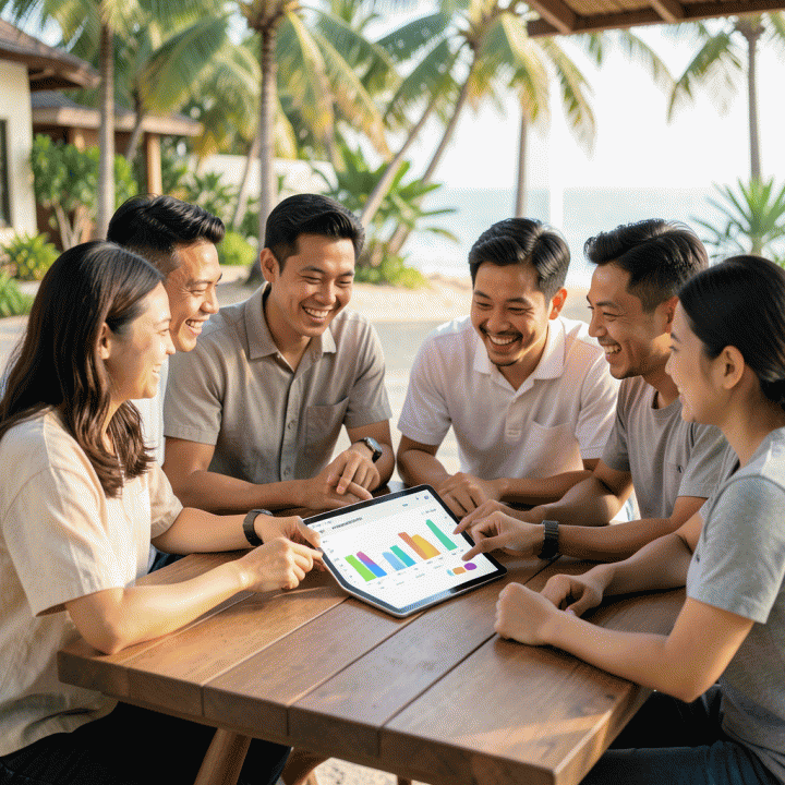 Sekelompok teman Indonesia yang bahagia sedang merencanakan dan mengelola anggaran perjalanan kelompok di sebuah meja luar ruangan yang terang, menggunakan tablet dengan visualisasi data yang bersih.