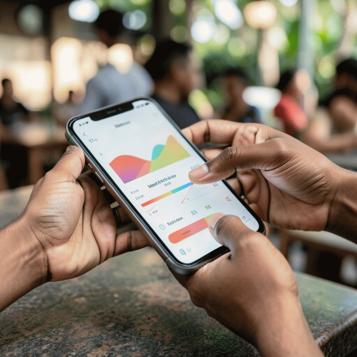 Tangan-tangan yang sedang berinteraksi dengan antarmuka aplikasi di tablet untuk membagi tagihan (split bill).