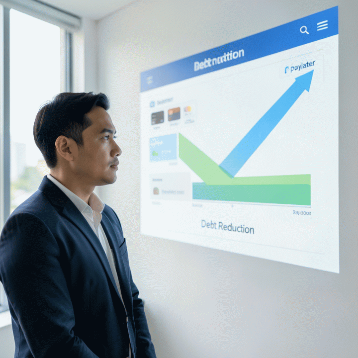Visualisasi modern dan profesional dari seseorang yang mengelola banyak cicilan utang (kartu kredit, paylater) melalui dashboard digital yang terpusat dan terstruktur, menunjukkan progres pengurangan utang yang jelas.