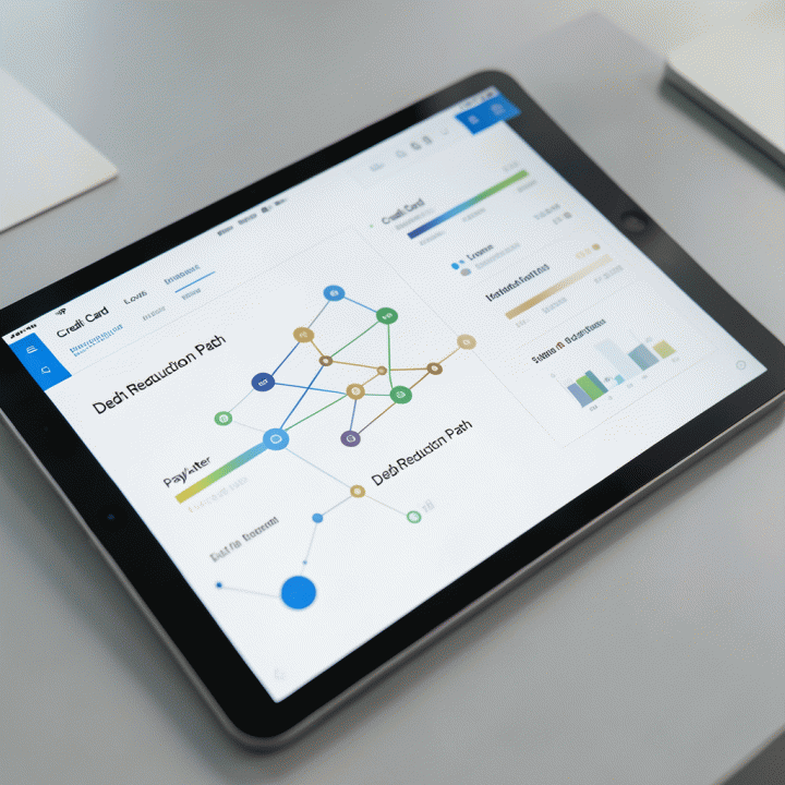 Dashboard keuangan modern yang menampilkan visualisasi pengelolaan dan prioritas berbagai jenis cicilan utang (kartu kredit, pinjaman, paylater) yang terorganisir dan memberikan rasa kontrol.