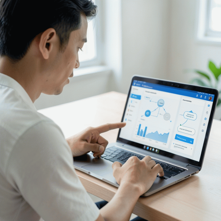 Seorang profesional muda yang fokus dan lega saat meninjau dashboard digital yang menunjukkan strategi pelunasan utang yang terstruktur dan terarah.