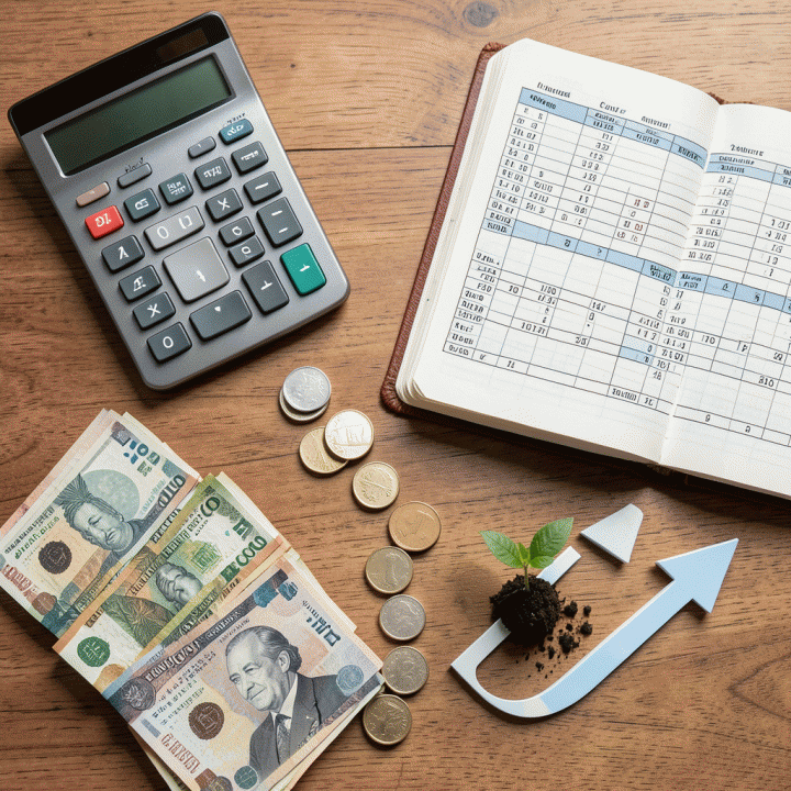 Tampilan datar (flat lay) berbagai alat keuangan, buku catatan, dan produk yang disusun rapi, melambangkan perhitungan HPP dan profitabilitas bisnis.