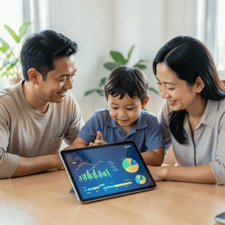 Keluarga Indonesia yang optimis melihat dashboard keuangan di tablet, menunjukkan progres pelunasan utang yang terstruktur dan terarah.