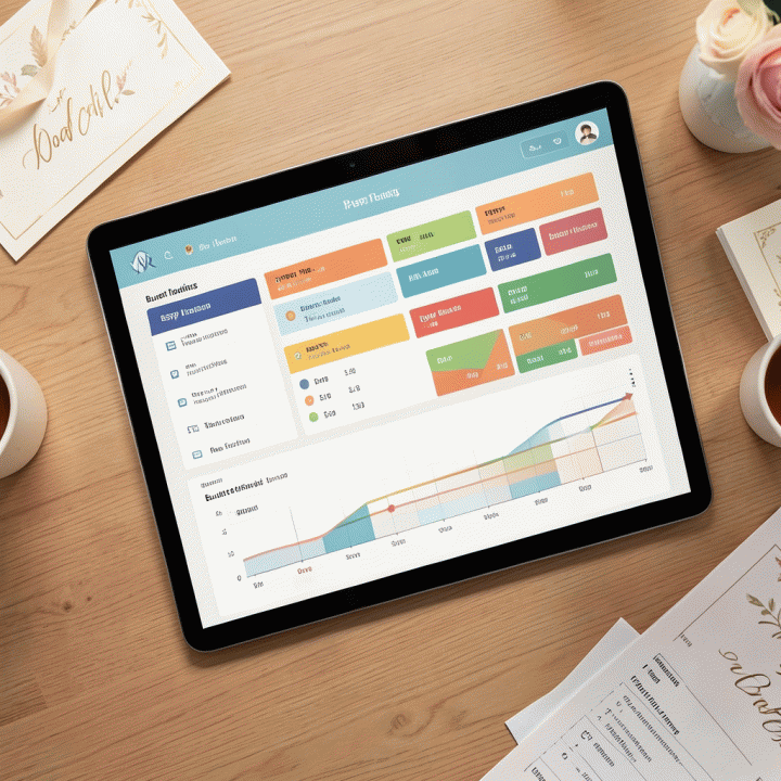 Dashboard visualisasi perencanaan pernikahan yang terorganisir dengan daftar tamu, RSVP, dan alokasi anggaran.