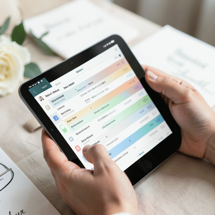 Tangan mengelola daftar tamu dan anggaran digital pada tablet untuk perencanaan pernikahan.