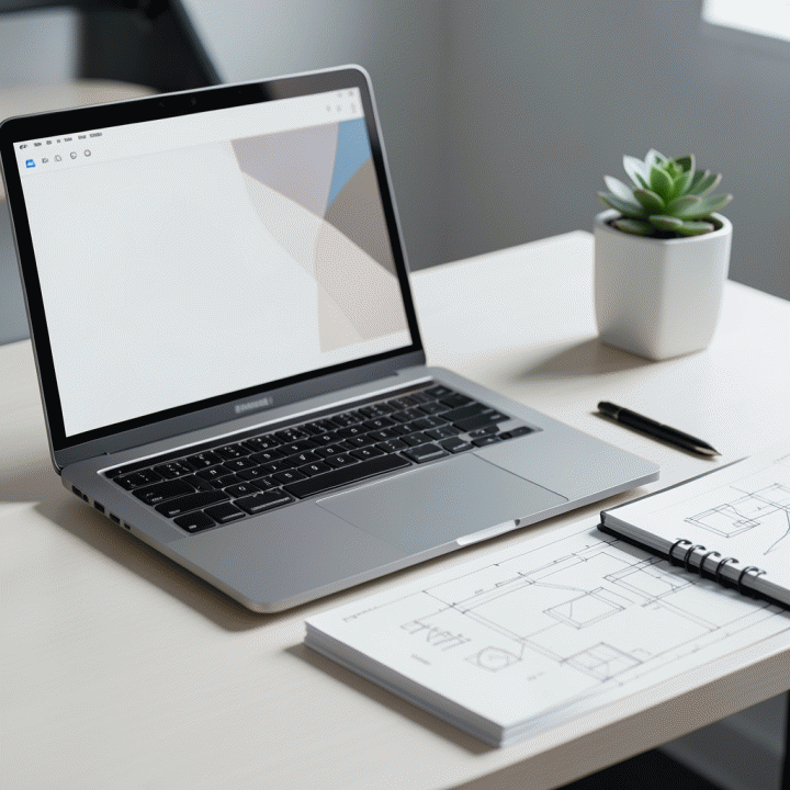 Meja kerja modern yang terorganisir dengan laptop menampilkan dashboard abstrak dan elemen fisik seperti sketsa proyek, menunjukkan alur kerja yang terstruktur.