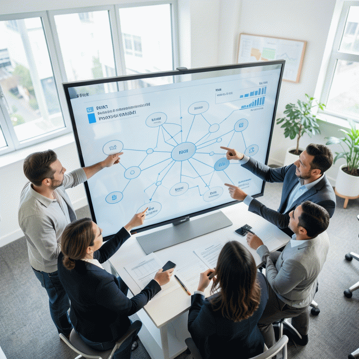 Tim agensi profesional berdiskusi di depan layar digital besar yang menampilkan visualisasi data bisnis yang terintegrasi, menunjukkan analisis profitabilitas.