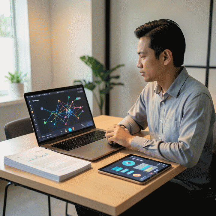 Seorang profesional yang bekerja di meja modern, menampilkan laptop dan tablet yang menunjukkan visualisasi data operasional dan keuangan yang terintegrasi, melambangkan manajemen data yang terpusat.