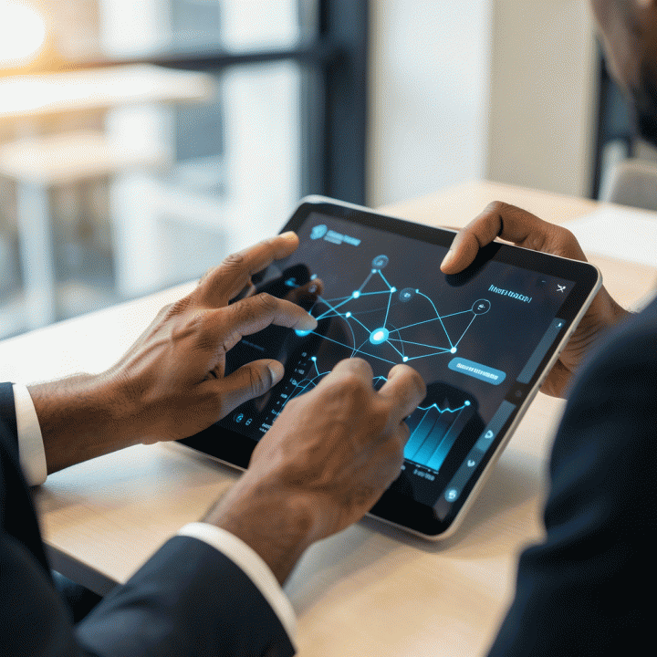 Tangan seorang profesional sedang melihat dashboard terpadu di tablet, menunjukkan integrasi data operasional dan keuangan.