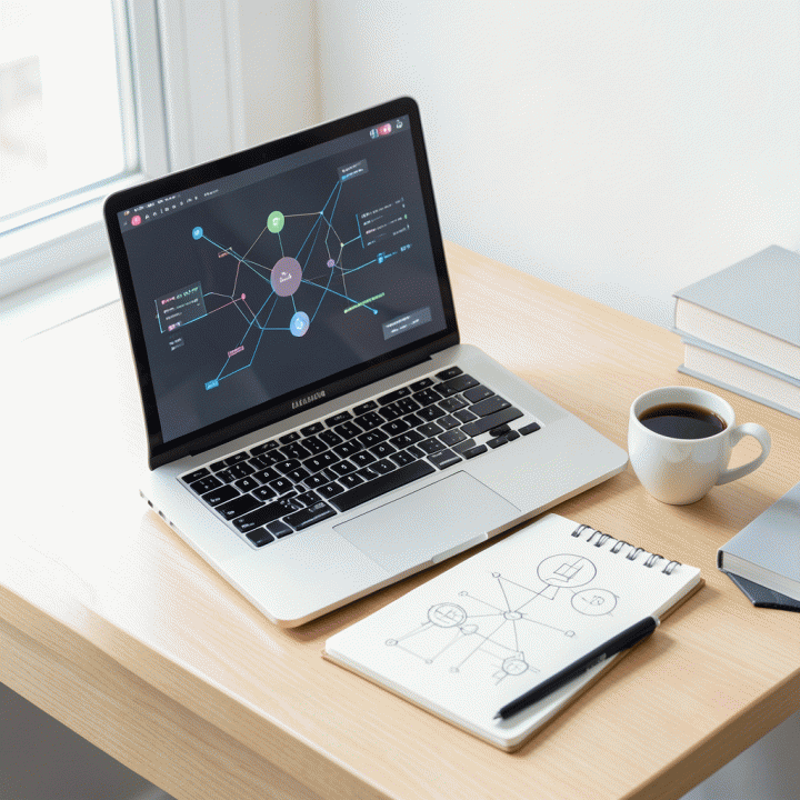 Sudut meja kerja yang rapi dan profesional, menonjolkan alat bantu seperti laptop dan buku catatan, melambangkan organisasi data yang terstruktur.