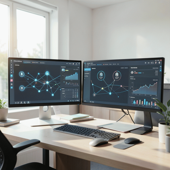 Visualisasi dashboard digital terpadu yang menampilkan data proyek, klien, dan keuangan yang terintegrasi dengan rapi, melambangkan manajemen bisnis freelancer yang profesional.