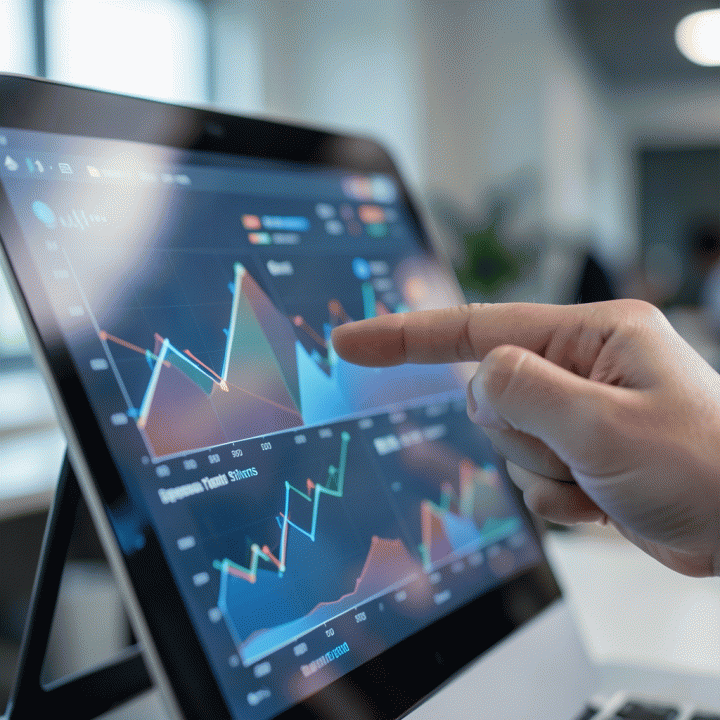 Tangan profesional menggunakan antarmuka digital untuk melacak dan menganalisis data keuangan bisnis.