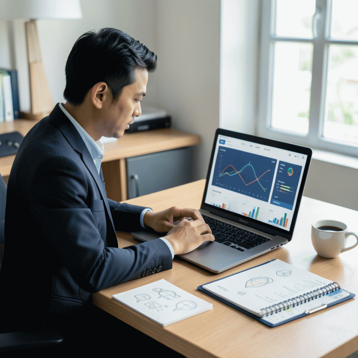 Seorang freelancer profesional di meja kerja yang rapi, mengelola data proyek, klien, dan keuangan menggunakan laptop dan alat bantu fisik, menciptakan suasana kerja yang terintegrasi dan produktif.