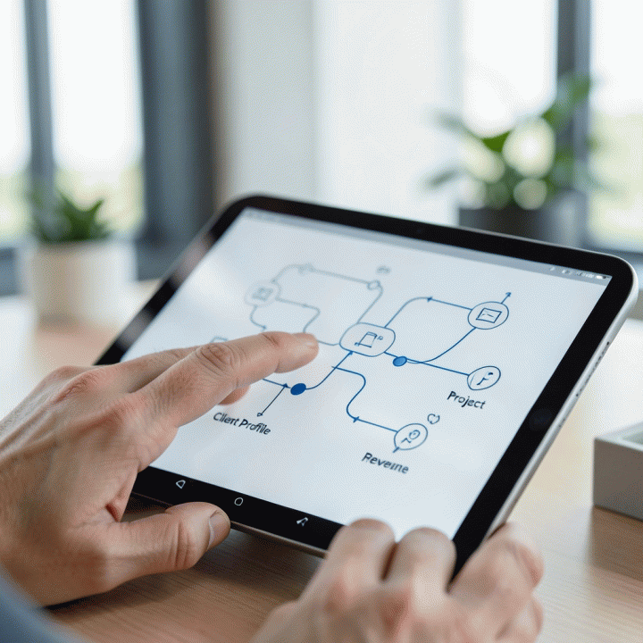 Tangan yang menggunakan tablet untuk mengelola data proyek dan klien yang terintegrasi secara digital.