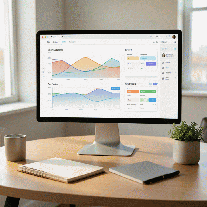 Meja kerja profesional yang rapi dengan monitor menampilkan dashboard digital terpadu untuk mengelola proyek, klien, dan keuangan bisnis seorang freelancer.