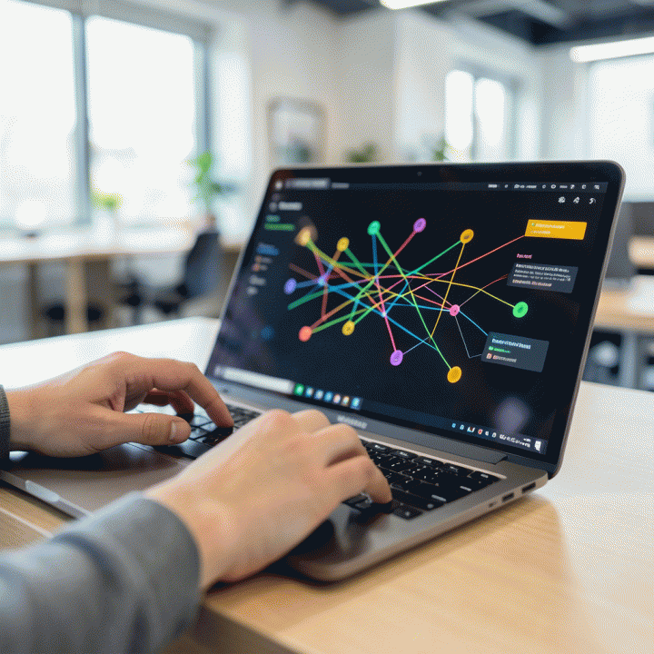 Tangan profesional sedang meninjau data terpadu di laptop, menunjukkan integrasi manajemen proyek, klien, dan keuangan.