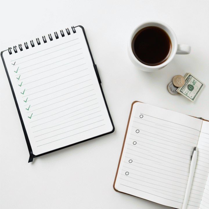 Komposisi flat lay dari alat-alat produktivitas seperti planner, kopi, dan jurnal yang tersusun rapi, menunjukkan perencanaan keuangan yang terstruktur.