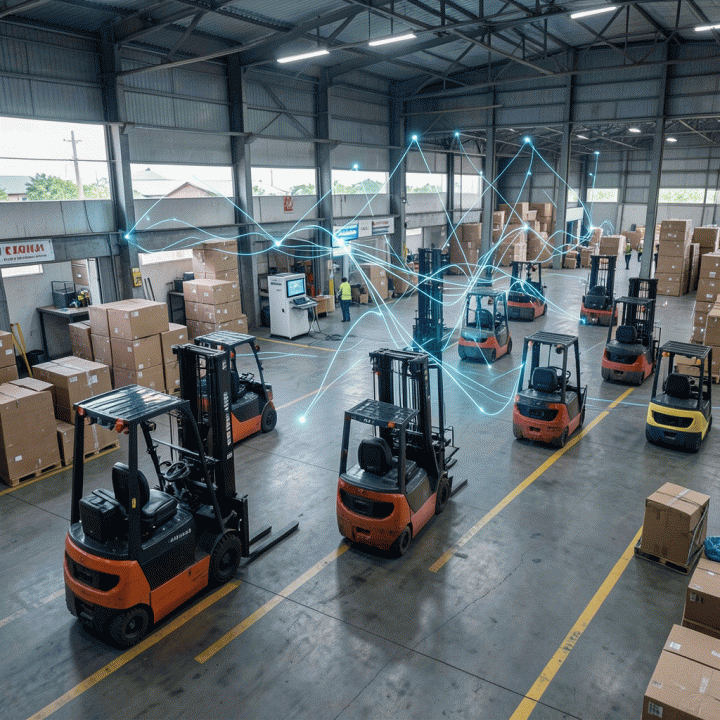 Visualisasi pelacakan inventaris alat berat secara digital di area gudang logistik.