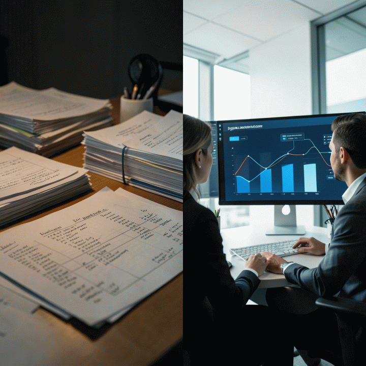 Perbandingan operasional manual yang berantakan dengan dashboard digital yang rapi.
