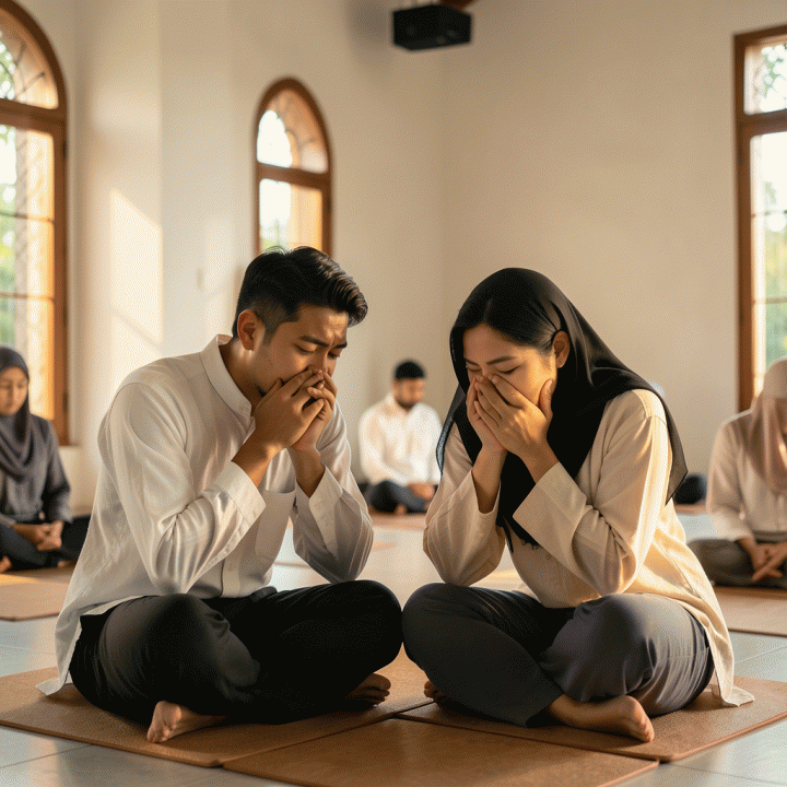 Pasangan muda Muslim sedang beristirahat dengan tenang di masjid yang indah, menciptakan suasana khusyuk dan damai.