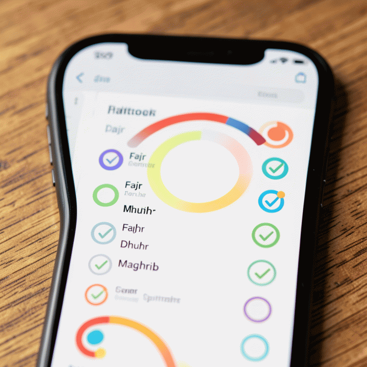 Visualisasi digital pelacak kebiasaan ibadah (habit tracker) yang rapi dan terorganisir di layar smartphone.