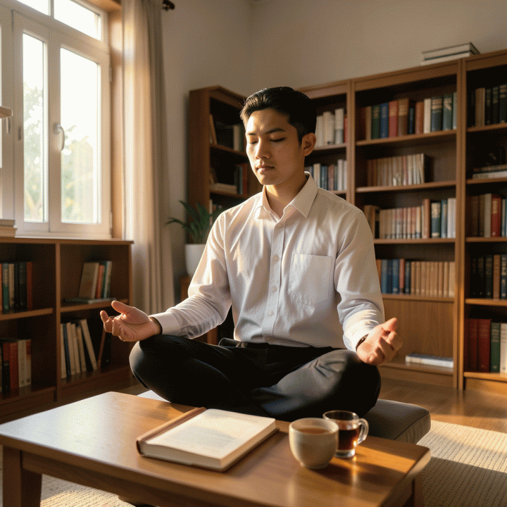 Seorang profesional muda Indonesia yang sedang bermeditasi dengan tenang di sudut masjid yang tenang, melambangkan istirahat spiritual di tengah kesibukan.