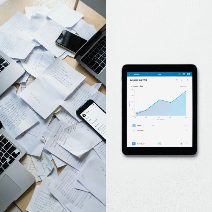 Kontras antara tumpukan berkas kerja yang berantakan dengan antarmuka digital yang terstruktur, menunjukkan solusi manajemen yang efisien.
