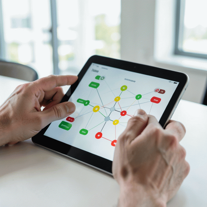 Jari tangan sedang menelusuri antarmuka digital pelacak karir, menunjukkan visualisasi status lamaran dan prospek kerja yang terstruktur.